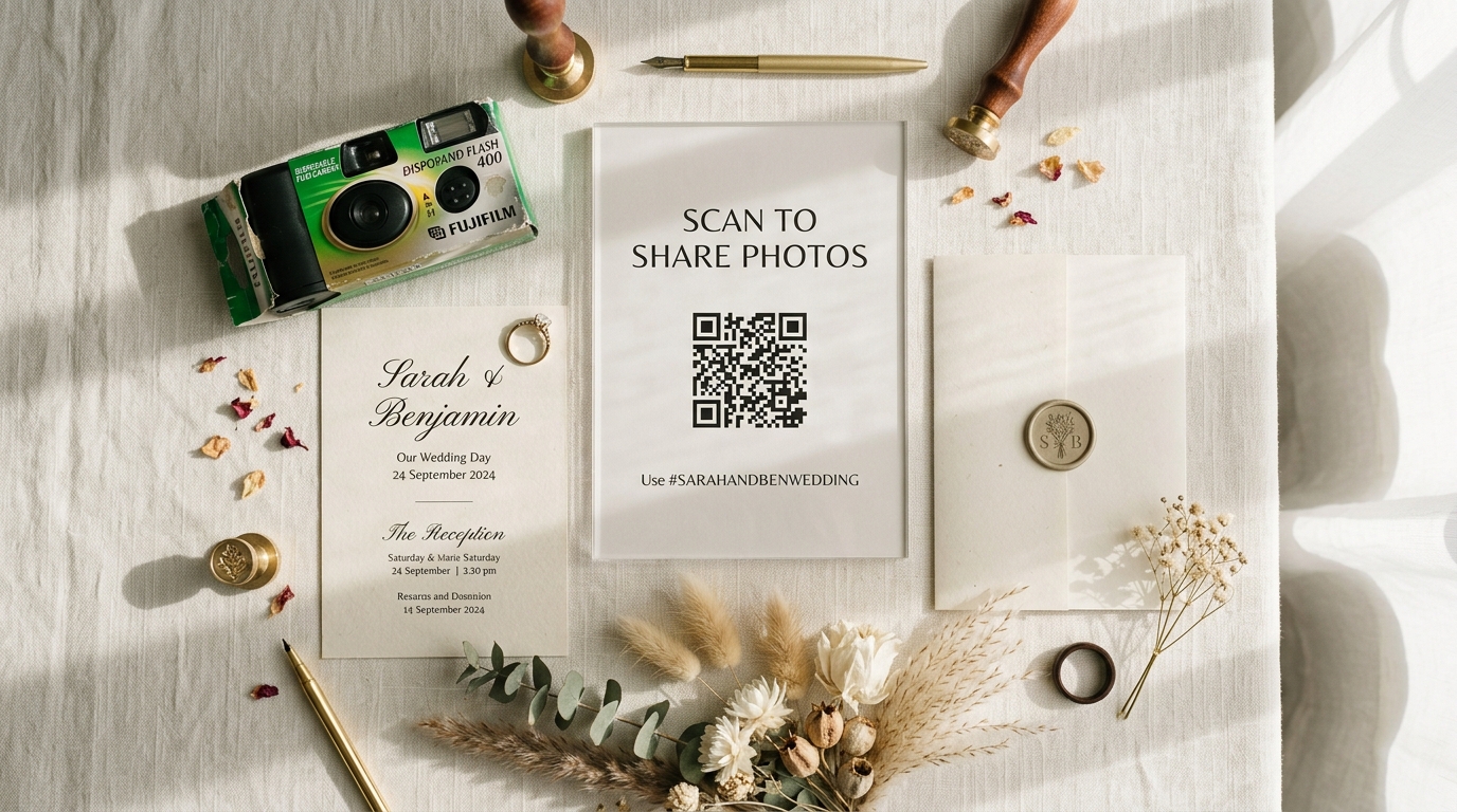 Tutorial flat lay cetak kartu barcode QR standee meja foto tamu pernikahan SudutBingkai
