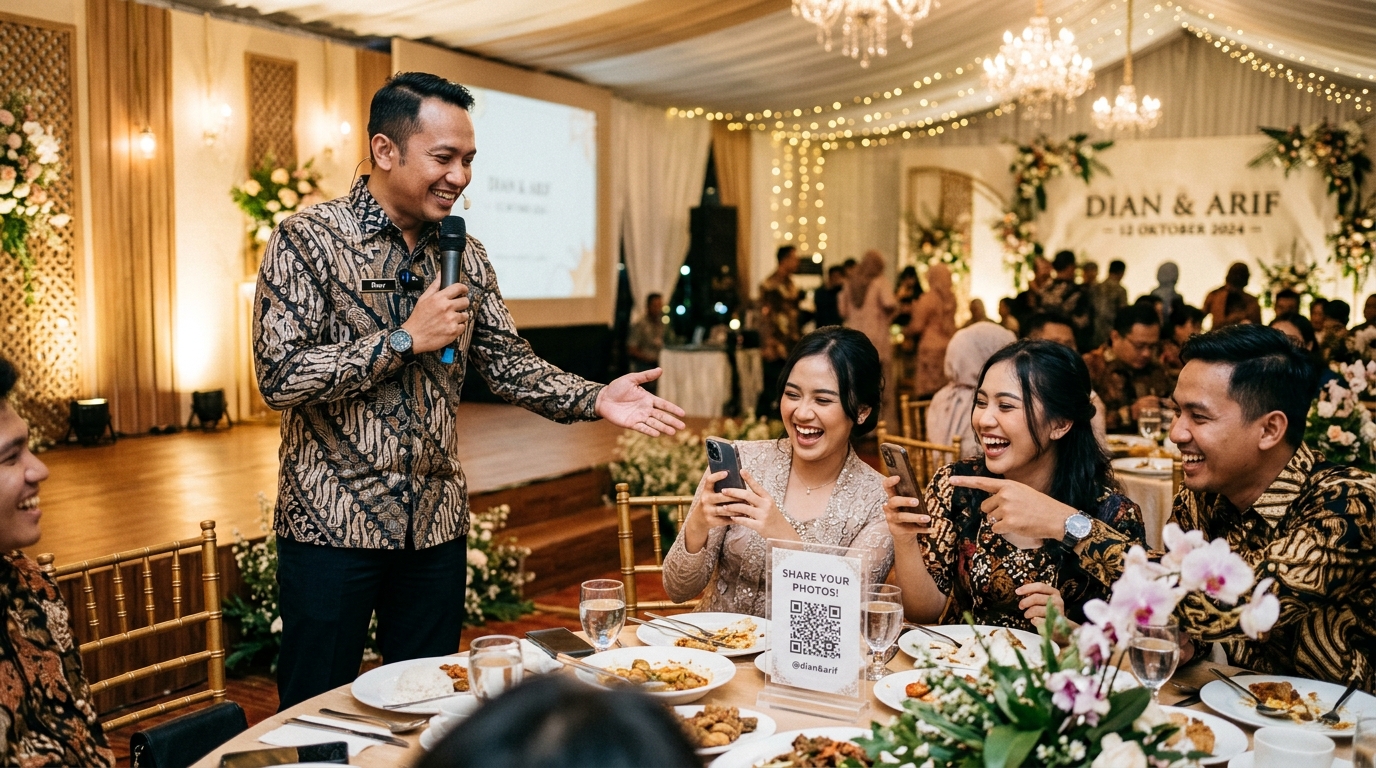 MC pernikahan mengajak tamu undangan memotret momen candid dengan scan QR kamera meja SudutBingkai
