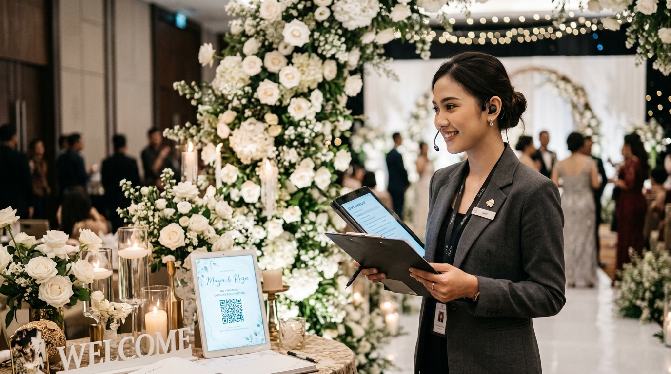 Tim Wedding Organizer profesional merekomendasikan paket kamera tamu digital SudutBingkai kepada pengantin