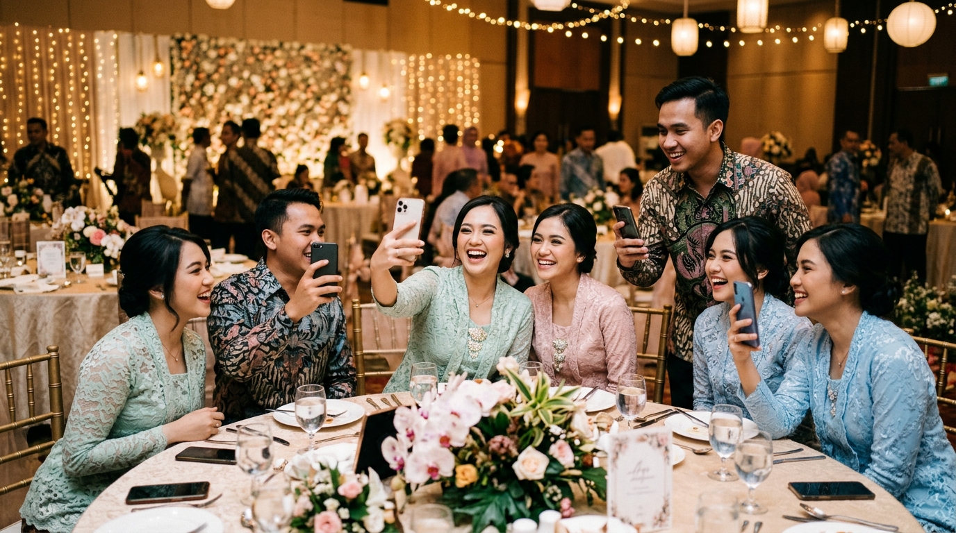 Tamu pernikahan ceria berswafoto candid di meja resepsi membandingkan photobooth dengan kamera digital SudutBingkai