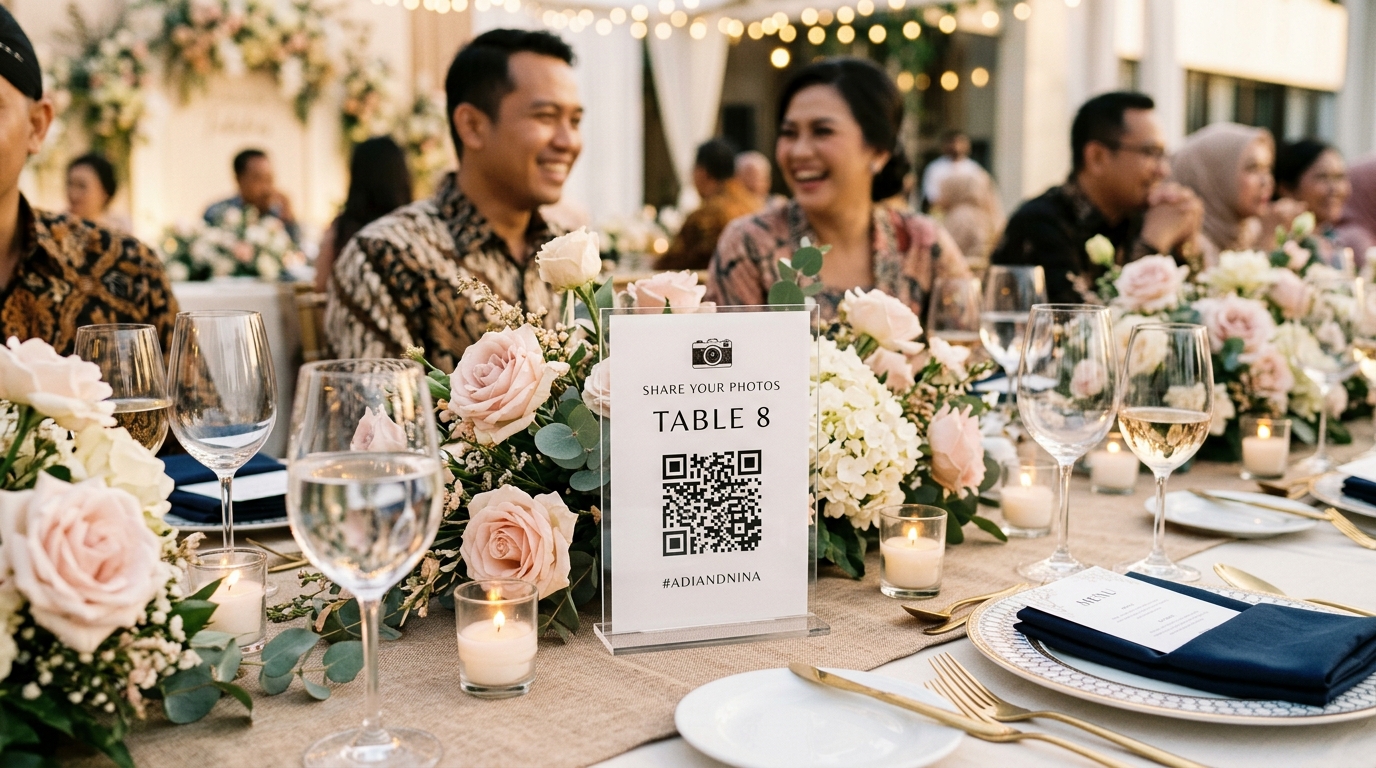 Meja resepsi pernikahan elegan dengan standee barcode QR kamera tamu sekali pakai SudutBingkai
